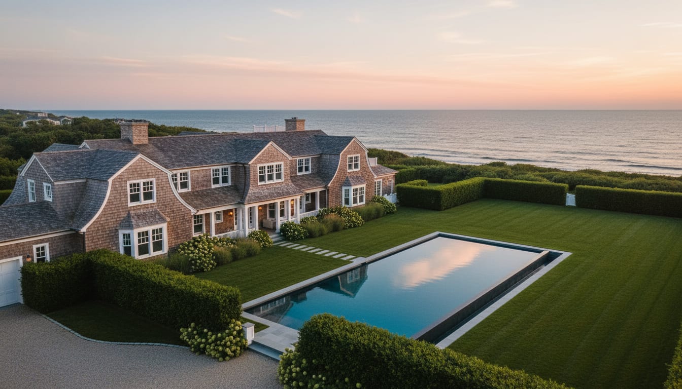 Luxury Hamptons solar installation on a distinguished shingled estate at golden hour